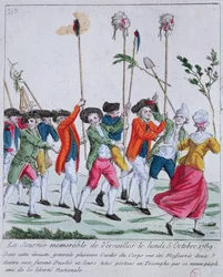 Le teste di due delle guardie del re uccise il 5 ottobre 1789 a Versailles dalla folla parigina sono portate in trionfo a Parigi